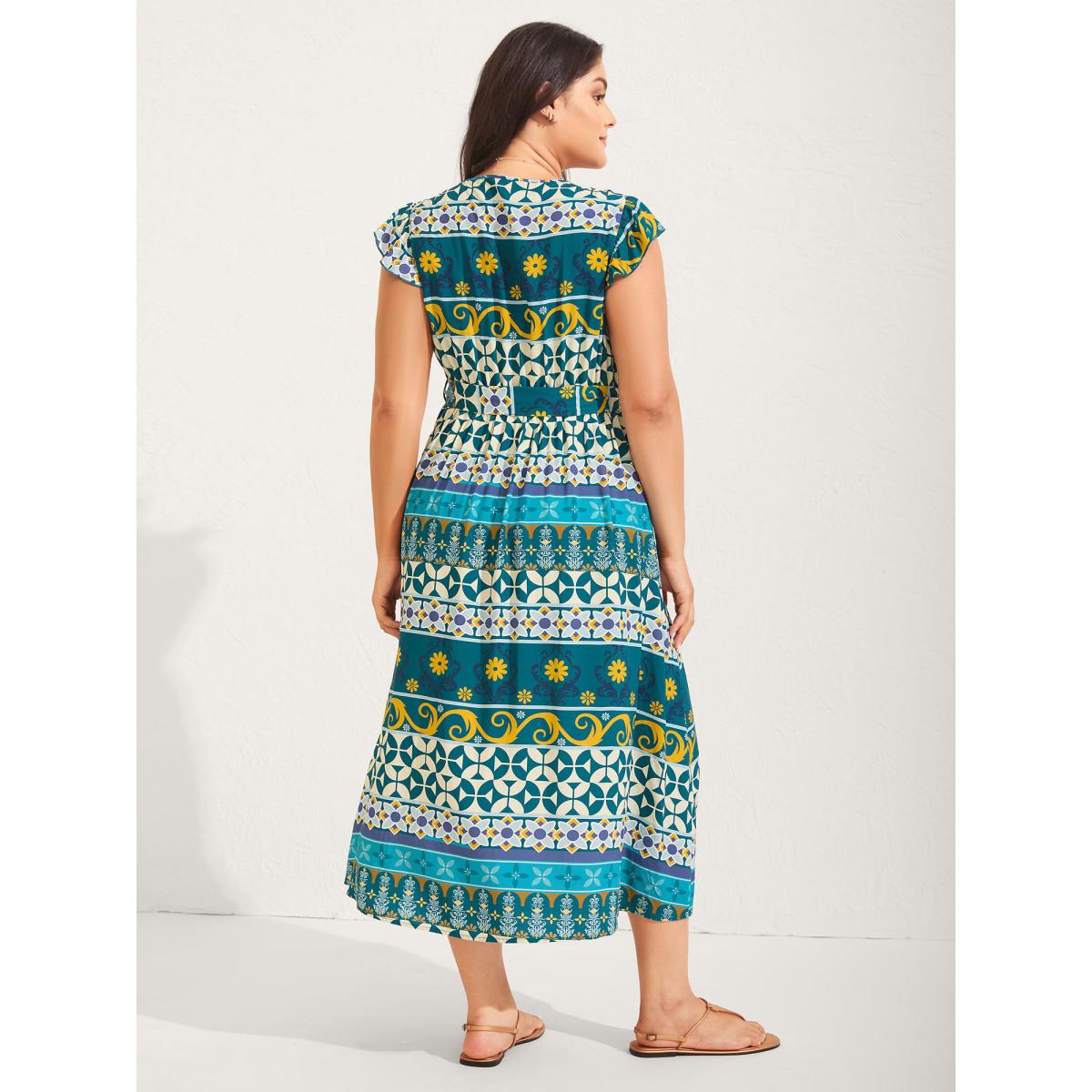 Plus Size Rayon Boho Stretchy Waist Pockets Midi Dress Multicolor Women V-neck Cap Sleeve Curvy BloomChic 12/L Product Image