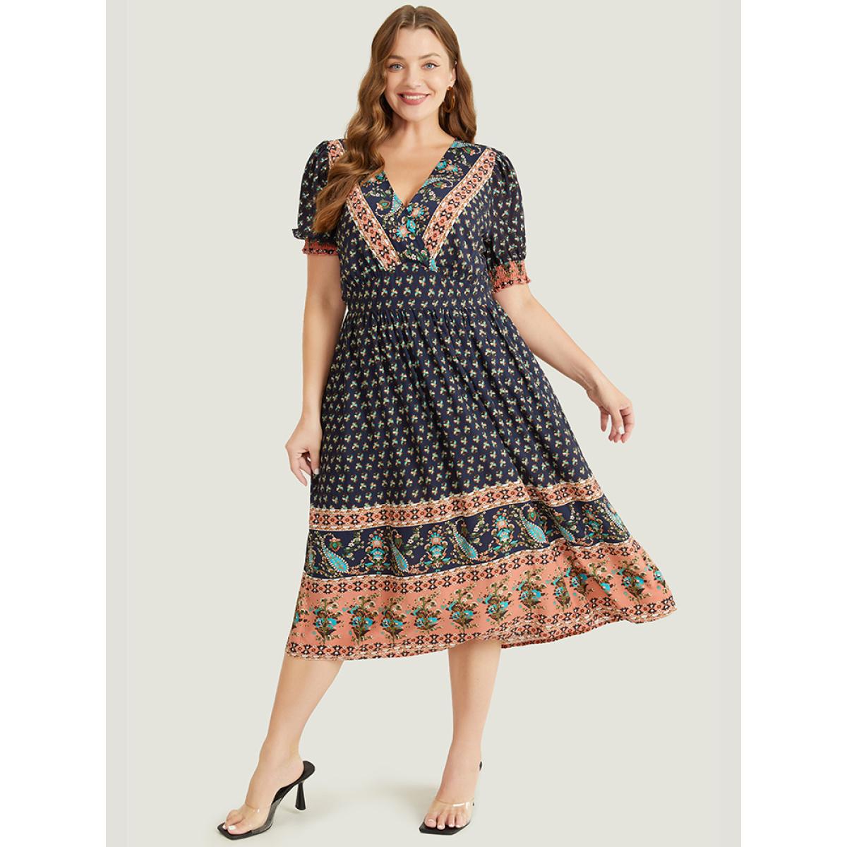 Plus Size Bandana Print Shirred Puff Sleeve Pocket Wrap Empire Waist Dress Indigo Women Vacation Wrap V-neck Short sleeve Curvy Midi Dress BloomChic 28/5X Product Image