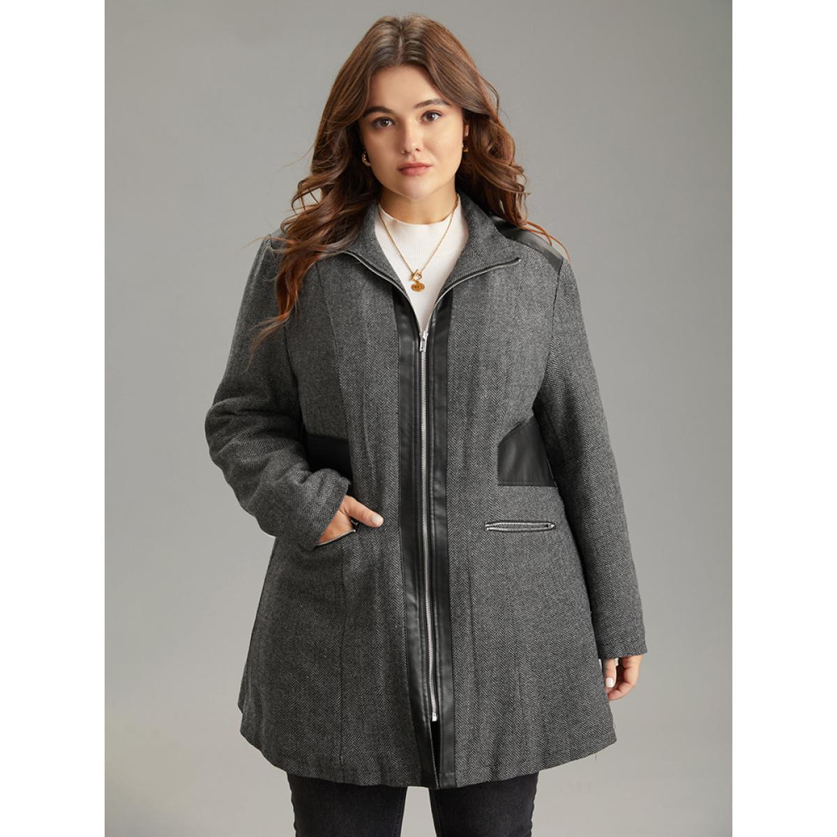 Plus Size Padded Patchwork PU Leather Zipper Coat Women Black Casual Texture Ladies Dailywear Winter Coats BloomChic 26/4X Product Image