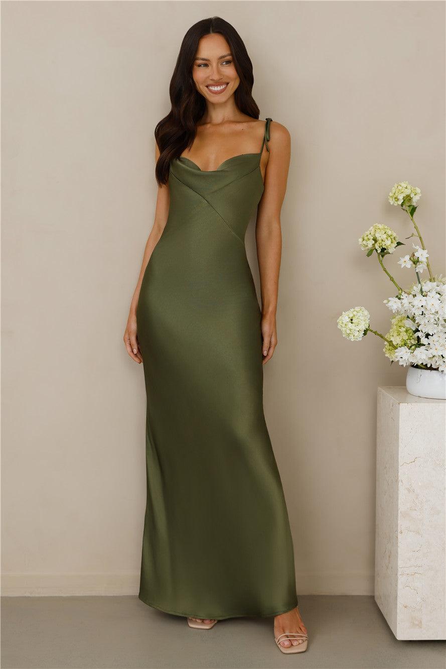 The Penelope Cowl Satin Maxi Dress Olive Product Image