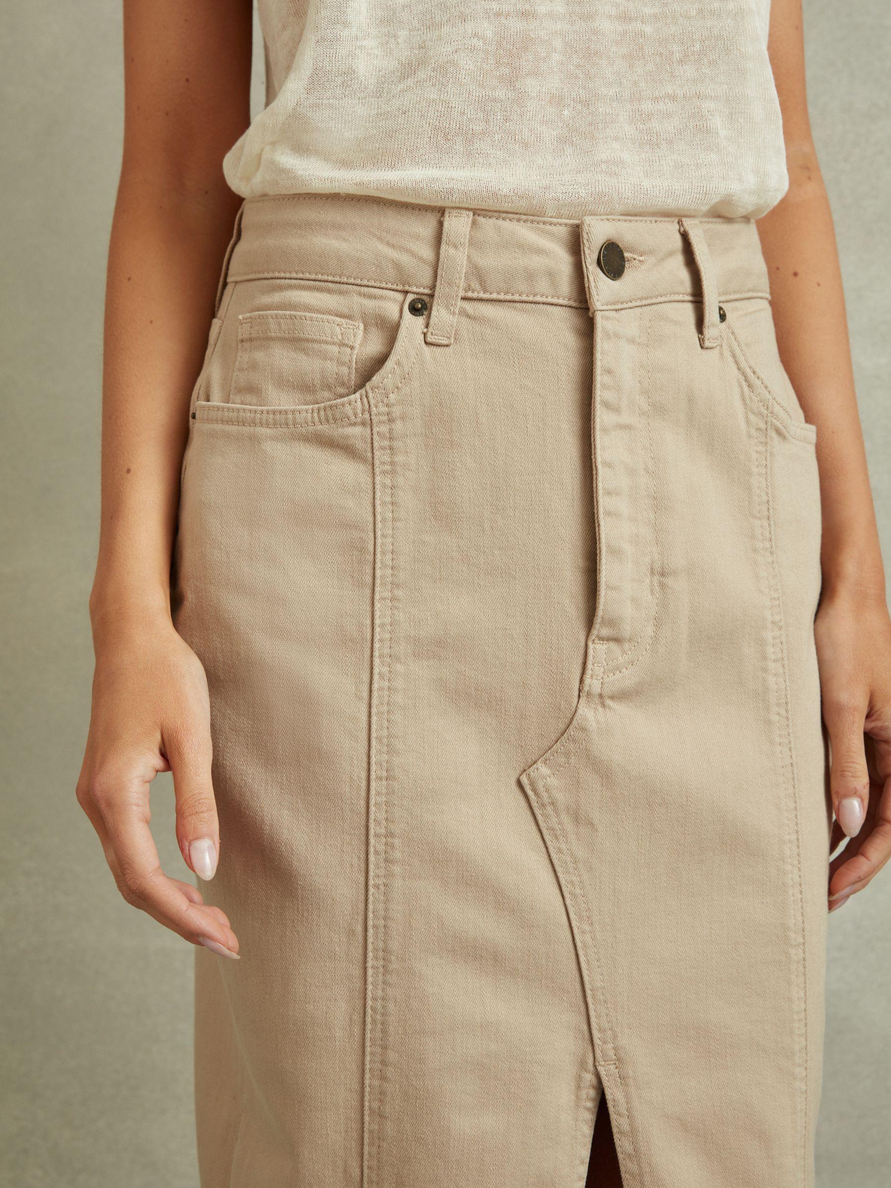 High Rise Denim Midi Skirt in Stone Product Image
