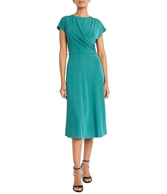 Maggy London Ottoman Jersey Crew Neck Short Sleeves Draped Bodice A-Line Midi Dress Product Image