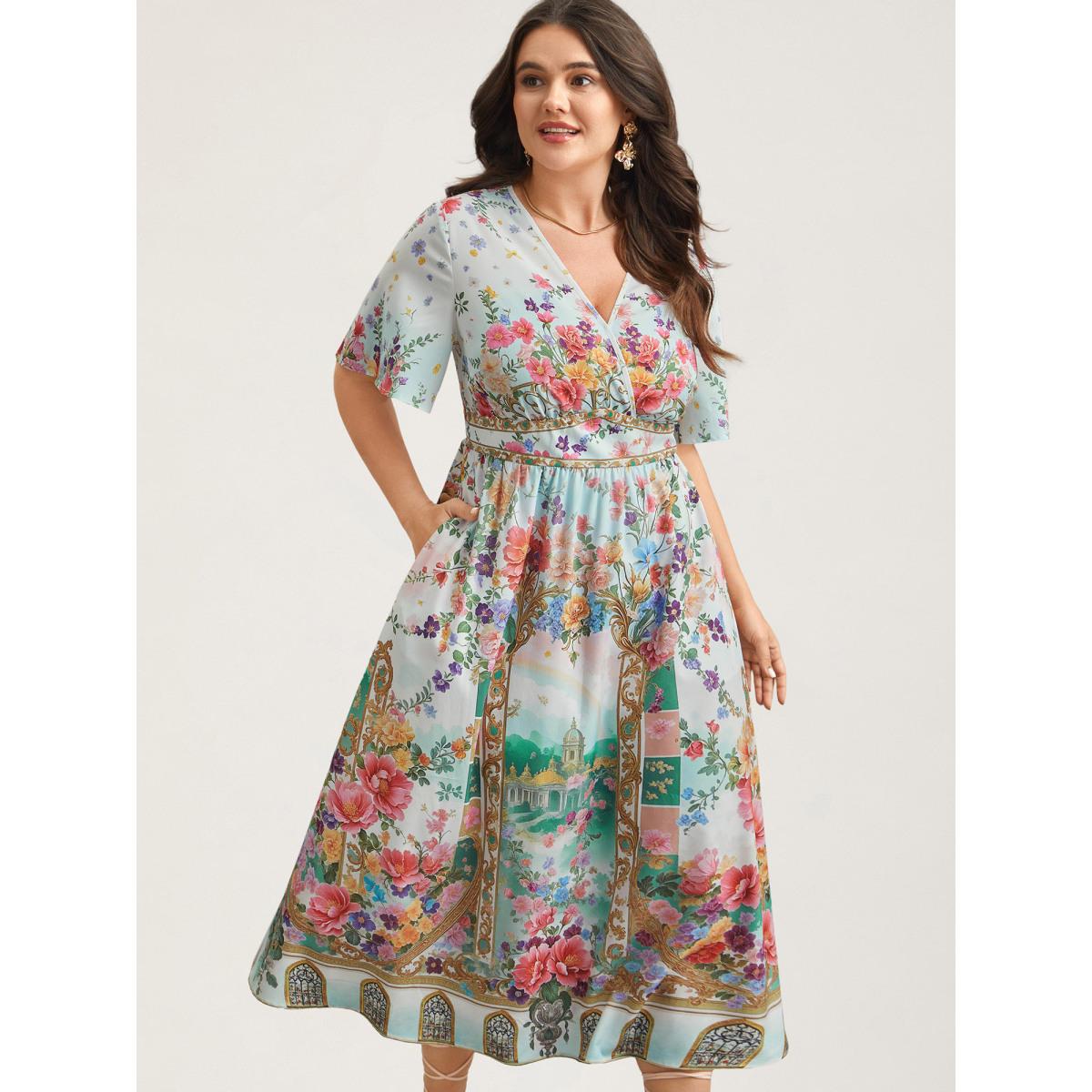 Plus Size Floral Print Wrap-Neck Flared Sleeve Maxi Dress Ivory Women Romantic Non Overlap Collar Short sleeve Curvy BloomChic 14-16/1X Product Image