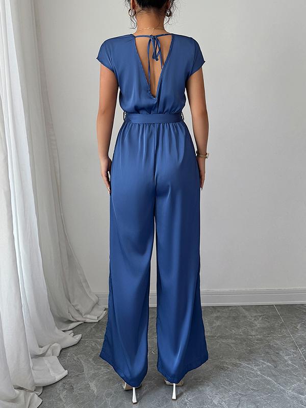 High Waisted Loose Backless Pleated Pockets Solid Color Tied Waist V-Neck Jumpsuits Product Image
