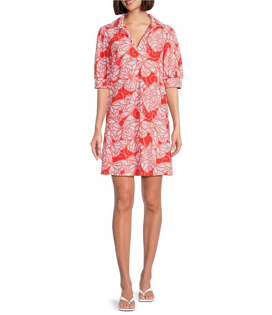 Jude Connally Emerson Petite Wings Print Jude Cloth Knit Point Collar Puffed Sleeve Shift Dress Product Image