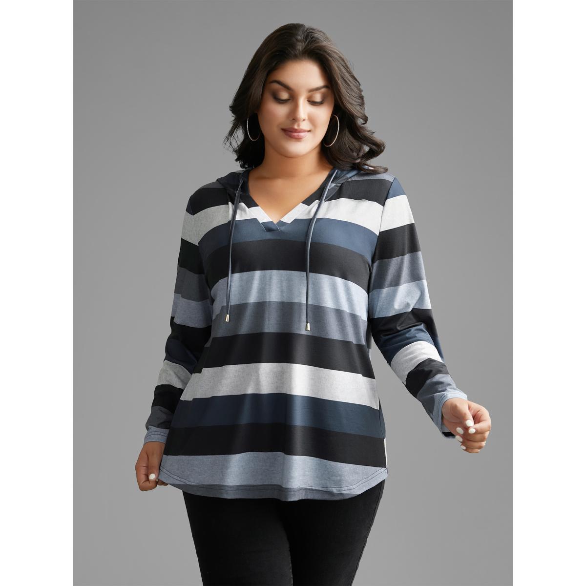 Plus Size Contrast Striped Hooded Drawstring T-shirt Black Women Casual Drawstring Hooded Everyday T-shirts BloomChic 18-20/2X Product Image