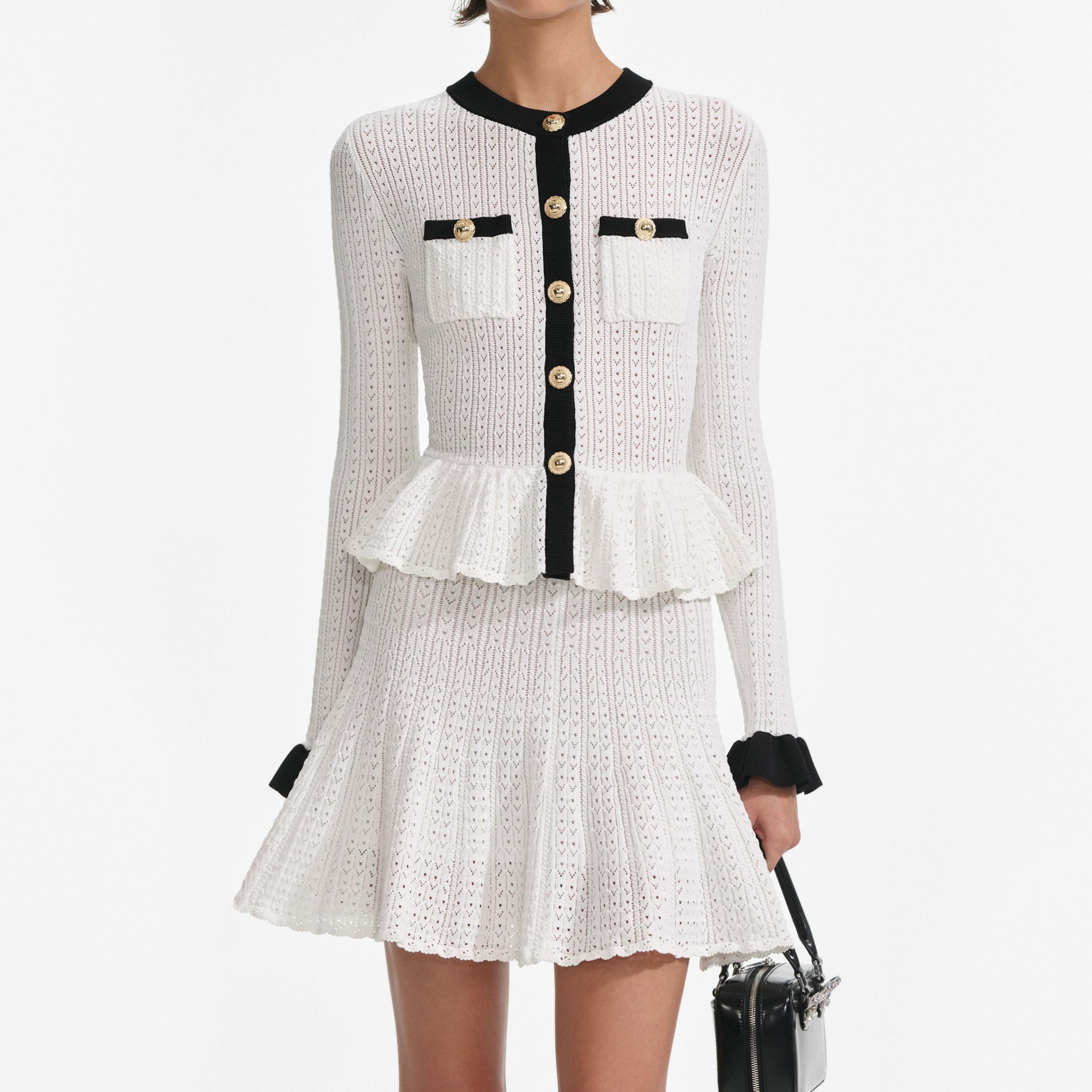 White Pointelle Knit Contrast Mini Dress Product Image