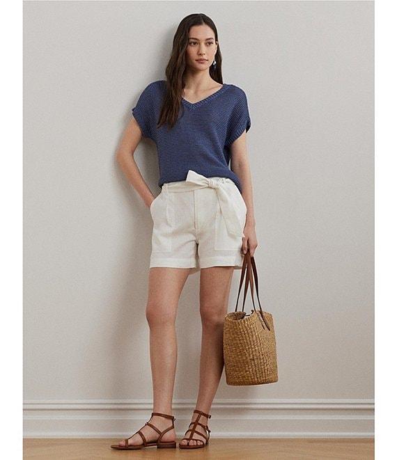 Lauren Ralph Lauren Linen Blend V-Neck Short Sleeve Sweater Product Image