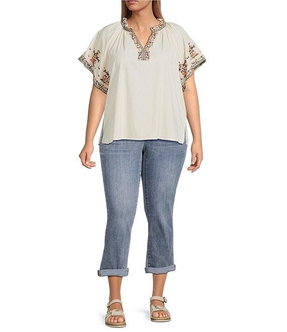 Democracy Plus Size Floral Embroidered Ruffle Split V-Neck Short Batwing Sleeve Top Product Image