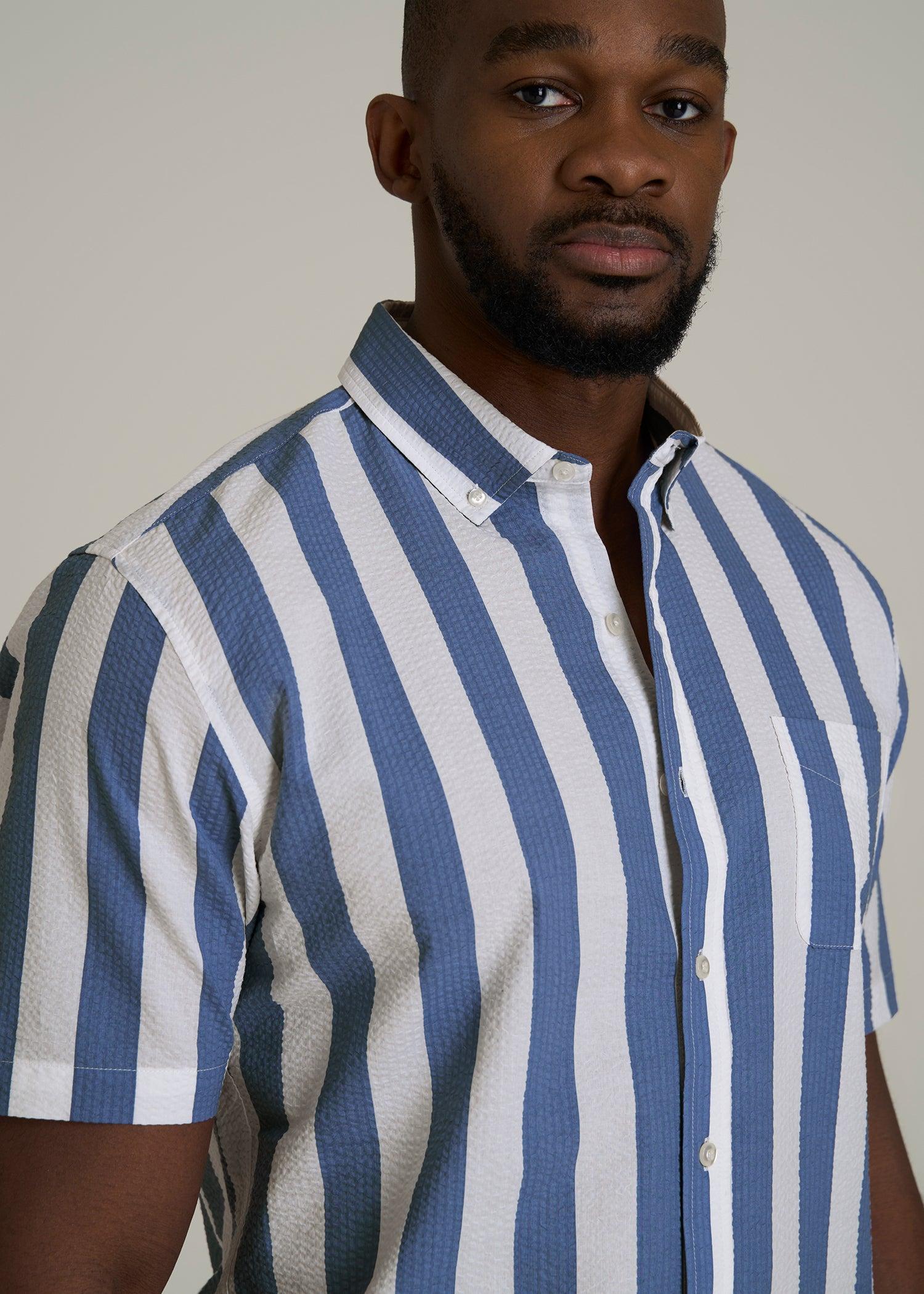 Seersucker Short Sleeve Shirt for Tall Men in Periwinkle Blue Stripe Male Product Image