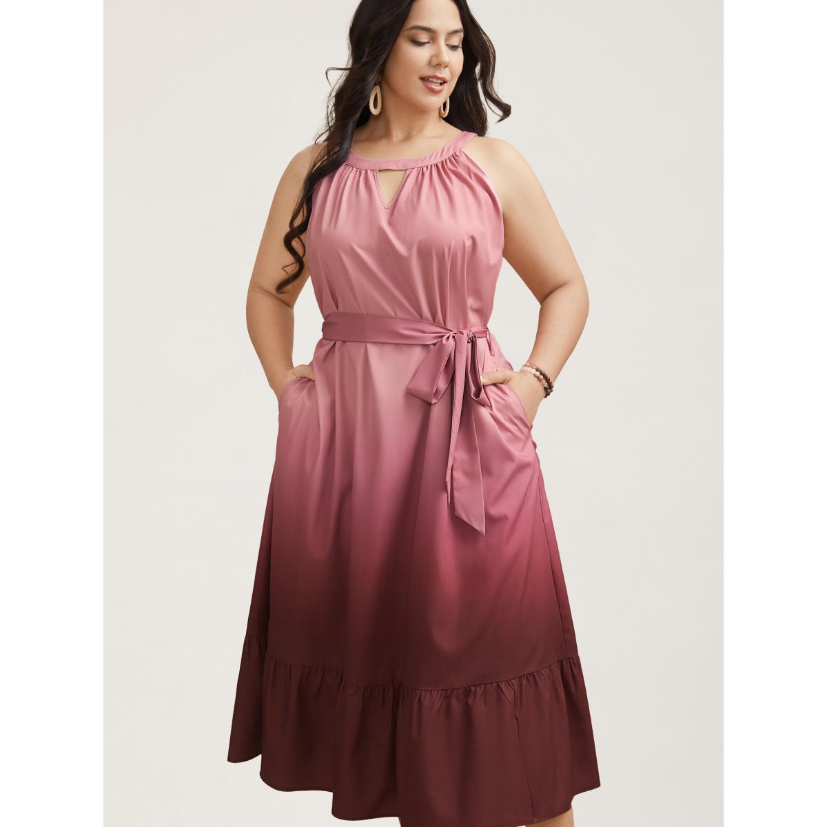 Plus Size Ombre Gradient Waist-Tie Pockets Midi Dress Plum Women Resort Gathered Round Neck Sleeveless Curvy BloomChic 18-20/2X Product Image