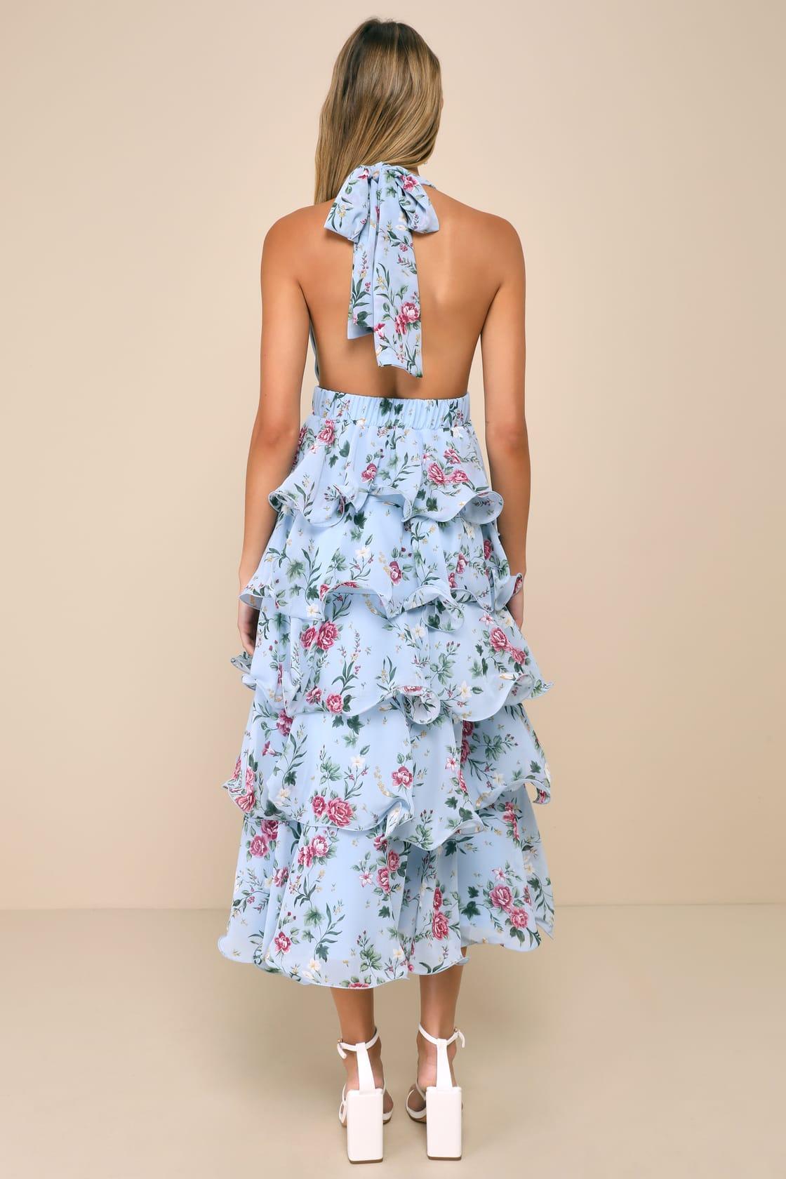 Exceedingly Gorgeous Light Blue Floral Tiered Halter Midi Dress Product Image