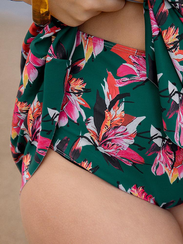 Floral Print A Line Round Neck Ruffle Hem Swim Dress Female Product Image