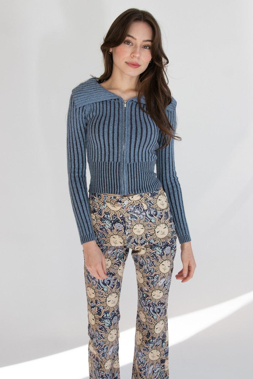 Fold Over Collar Ribbed Zip Up Sweater Product Image