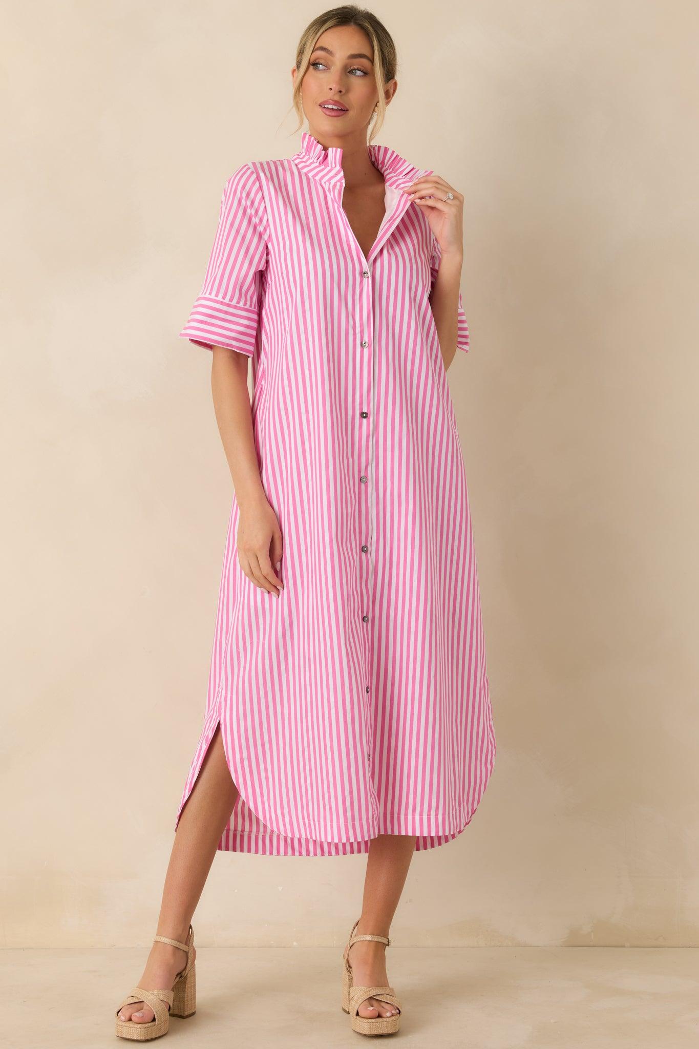 In Perfect Order Pink Stripe Button Front Ruffle Collar Midi Shirt Dress Product Image