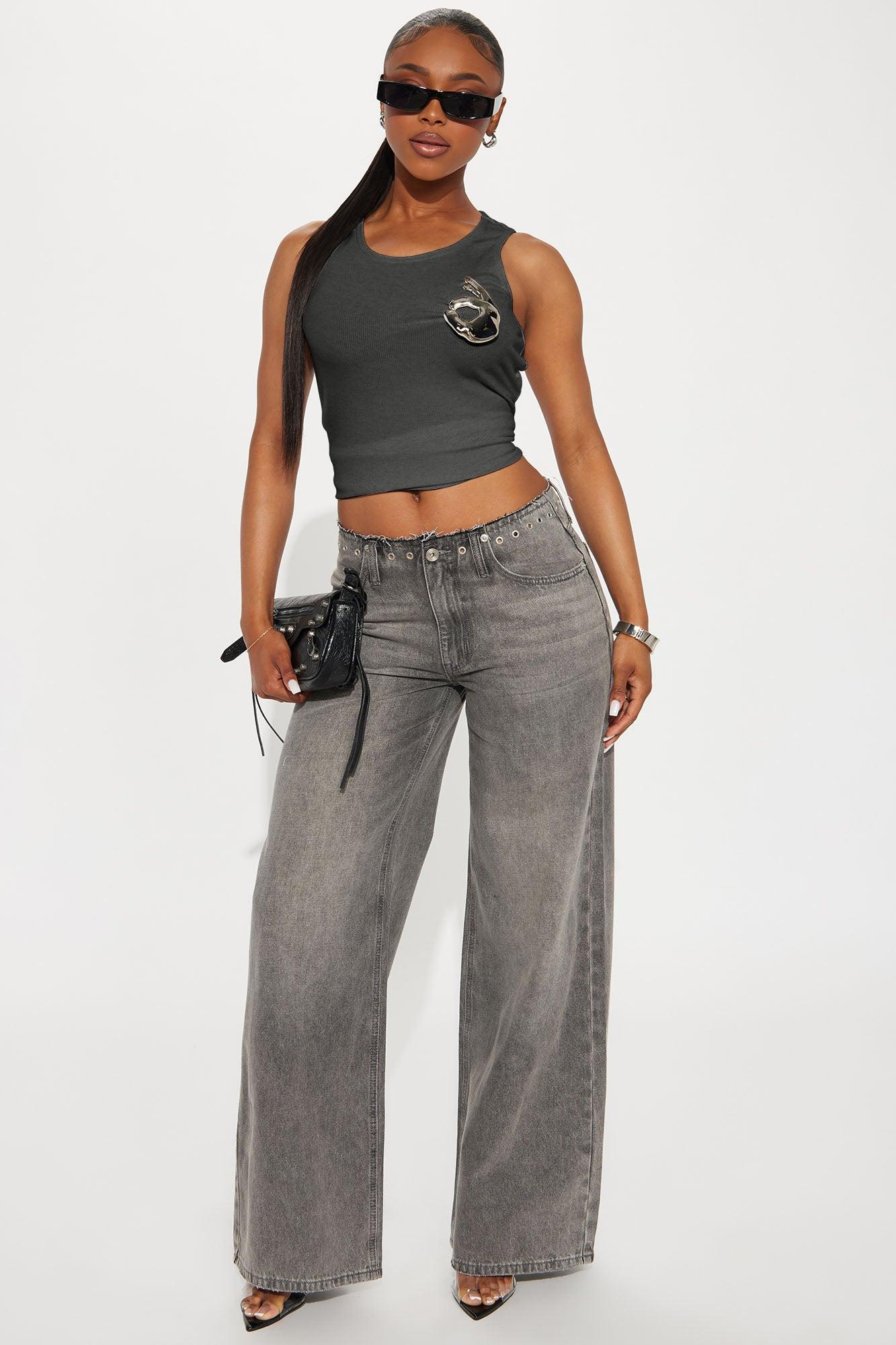 Pinch Me Ribbed Tank Top - Charcoal Female Product Image