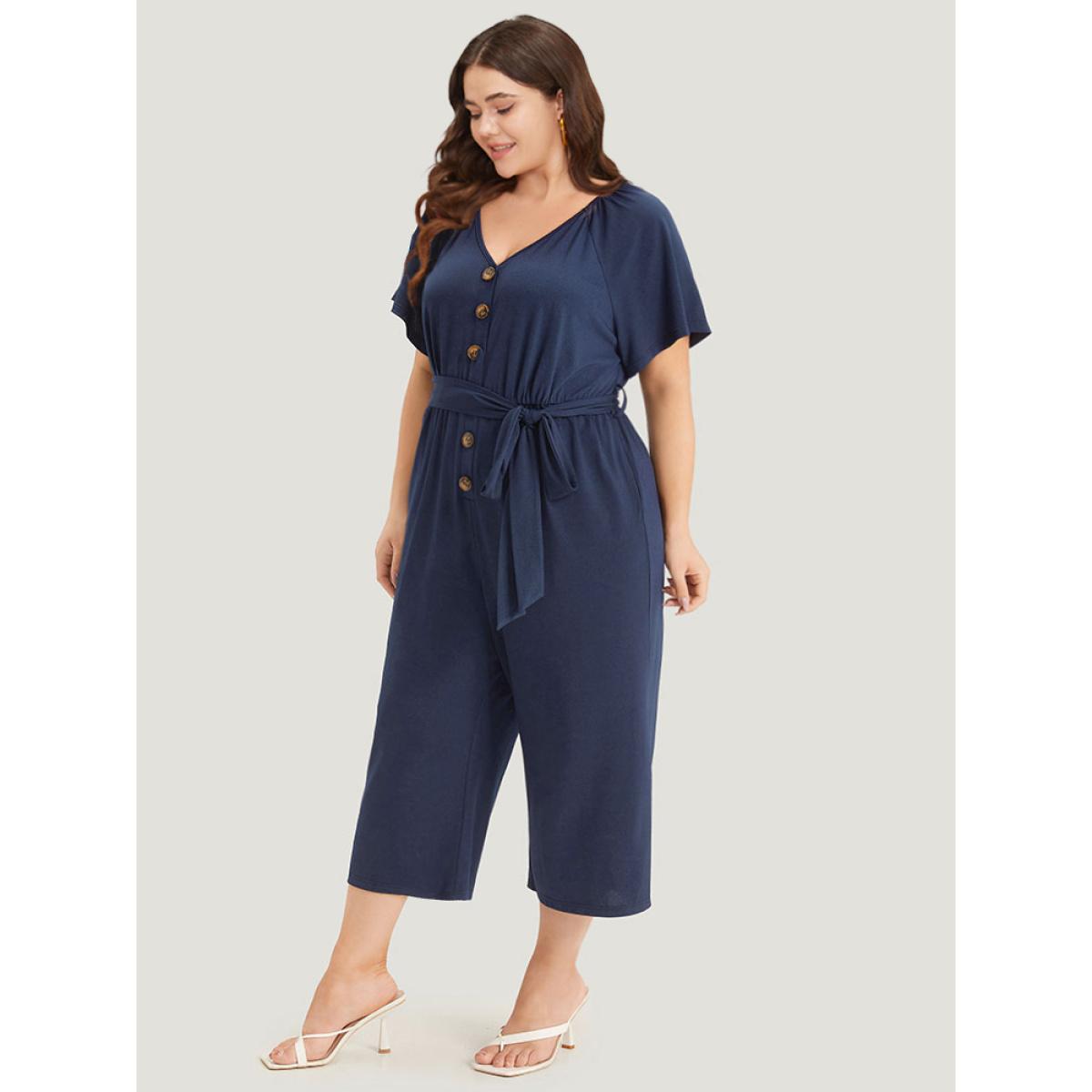 Plus Size DarkBlue Solid Button Up V Neck Belted Gathered Flutter Sleeve Jumpsuit Women Elegant Short sleeve V-neck Dailywear Loose Jumpsuits BloomChic 10/M Product Image