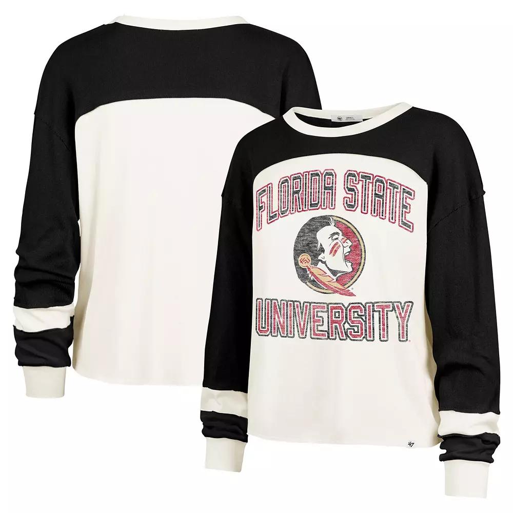 Women's '47  Cream Ohio State Buckeyes Double Header Curve Raglan Long Sleeve T-Shirt, Size: Medium, Beige Product Image