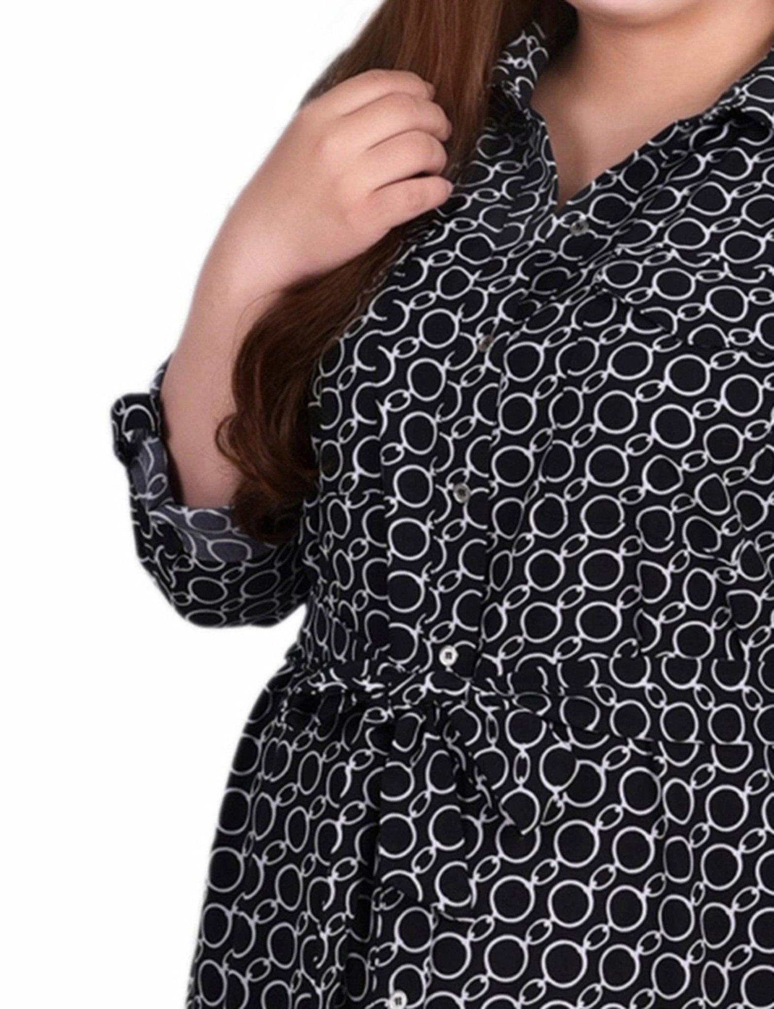 Black White Circle Chain 3/4 Roll Tab Sleeve Belted Shirtdress - Plus Product Image