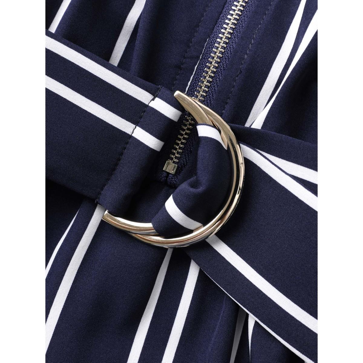 Plus Size Stripe Print Zipper Belted Midi Dress Navy Women Office Shirt collar Sleeveless Curvy BloomChic 30/6X Product Image