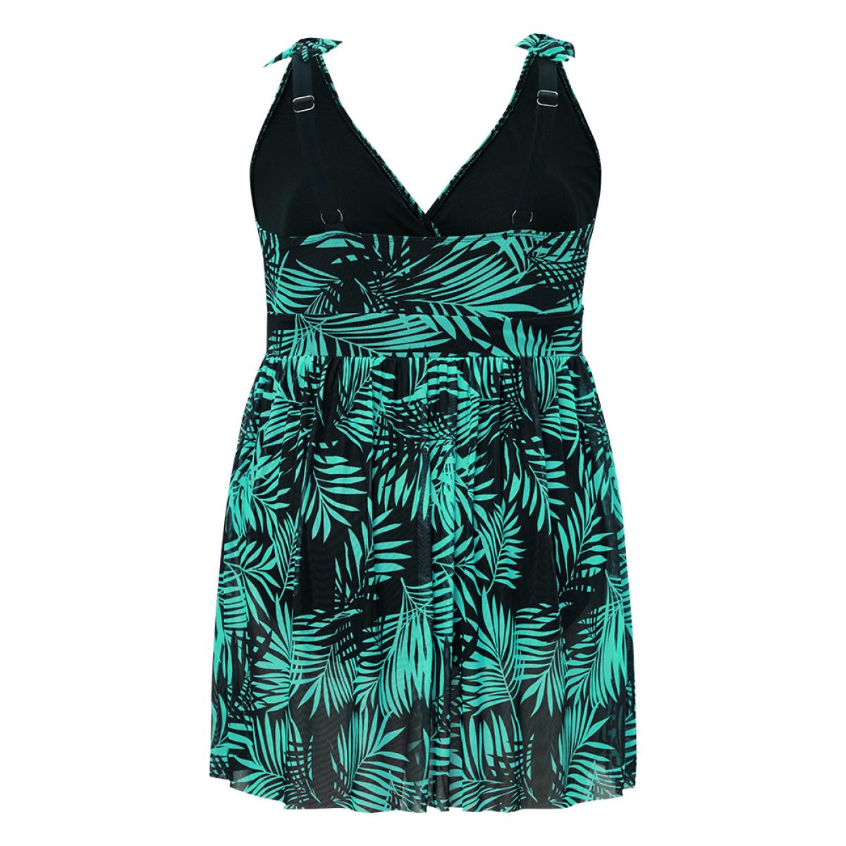 Plus Size Plant Print Bow Ruffle Split Hem Swim Dress Women's Swimwear Emerald Vacation Bodycon V-neck High stretch Curve Swim Dresses BloomChic 18-20/2X Product Image