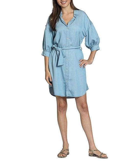 APNY Tencel Spread Collar 3/4 Puff Sleeve Belted Button Front Shirt Dress Product Image