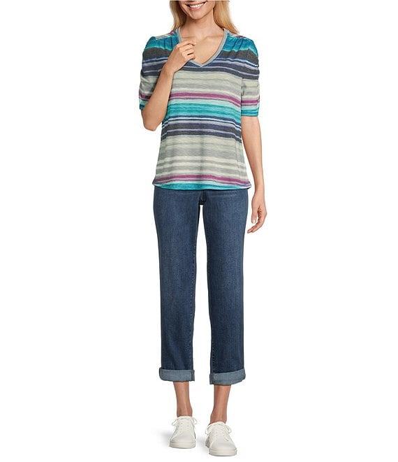 Westbound Aquatic Stripe Ruched Short Sleeve V-Neck Top Product Image