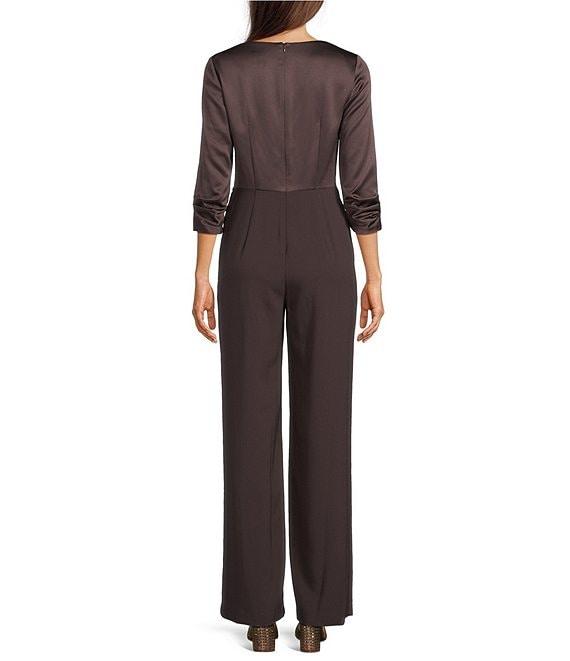 Adrianna Papell Stretch Satin Crepe Surplice V-Neck 3/4 Sleeve Side Drape Jumpsuit Product Image
