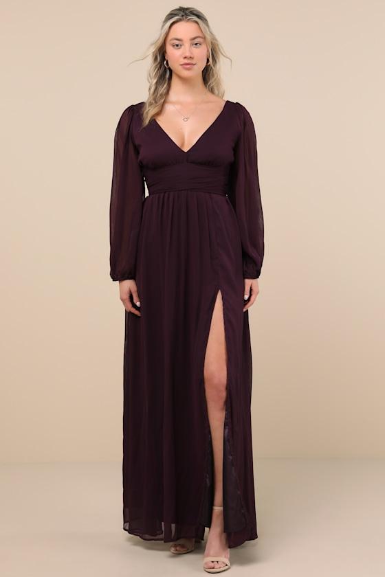 Enchant My Love Dark Purple V-Neck Long Sleeve Maxi Dress Product Image