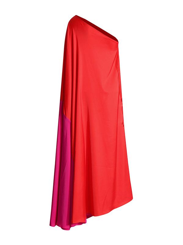 High Waisted Loose Asymmetric Contrast Color Split-Joint One-shoulder Maxi Dresses Product Image
