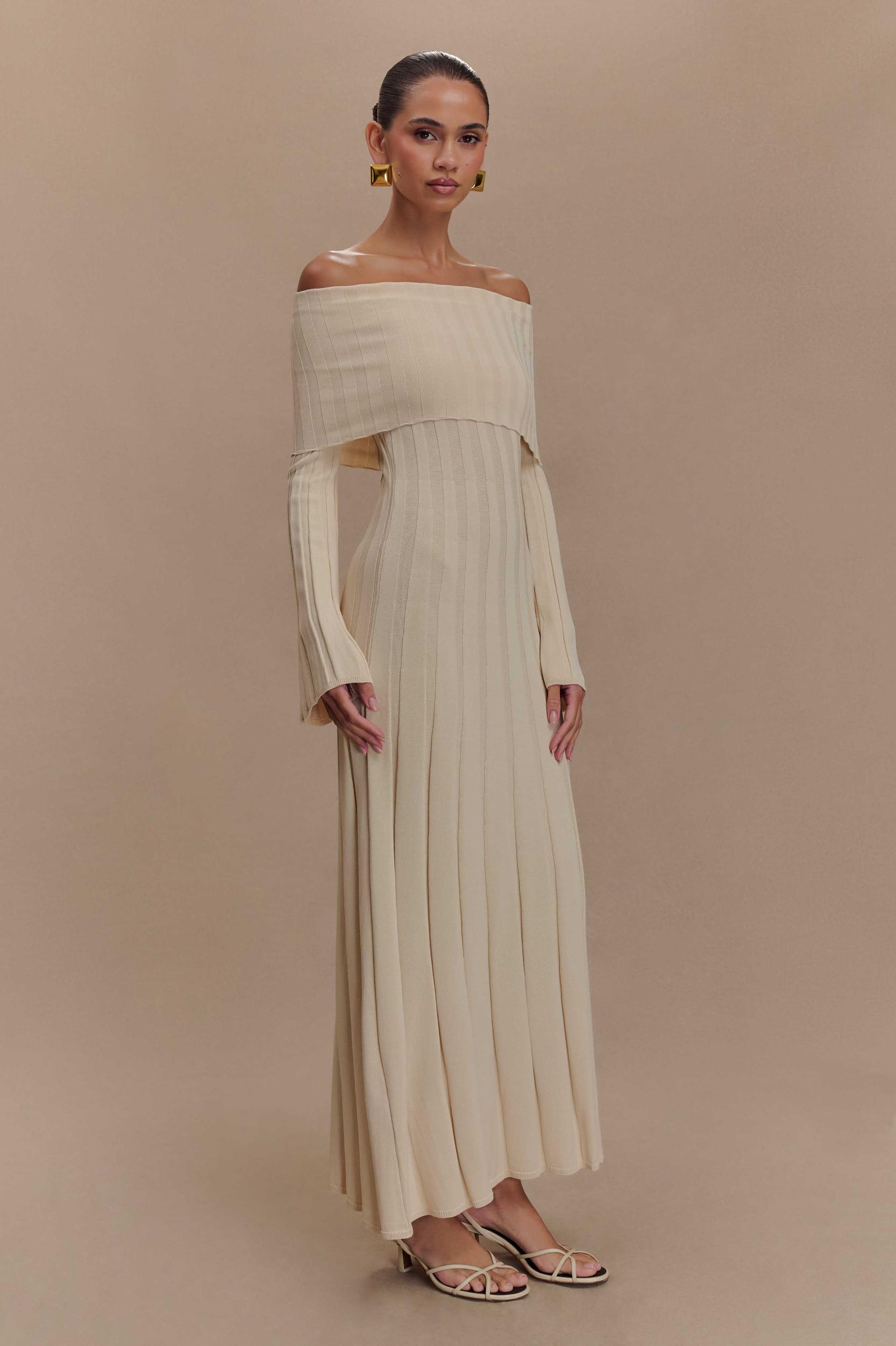 Alonza Long Sleeve Knit Midi Dress - Cream Product Image