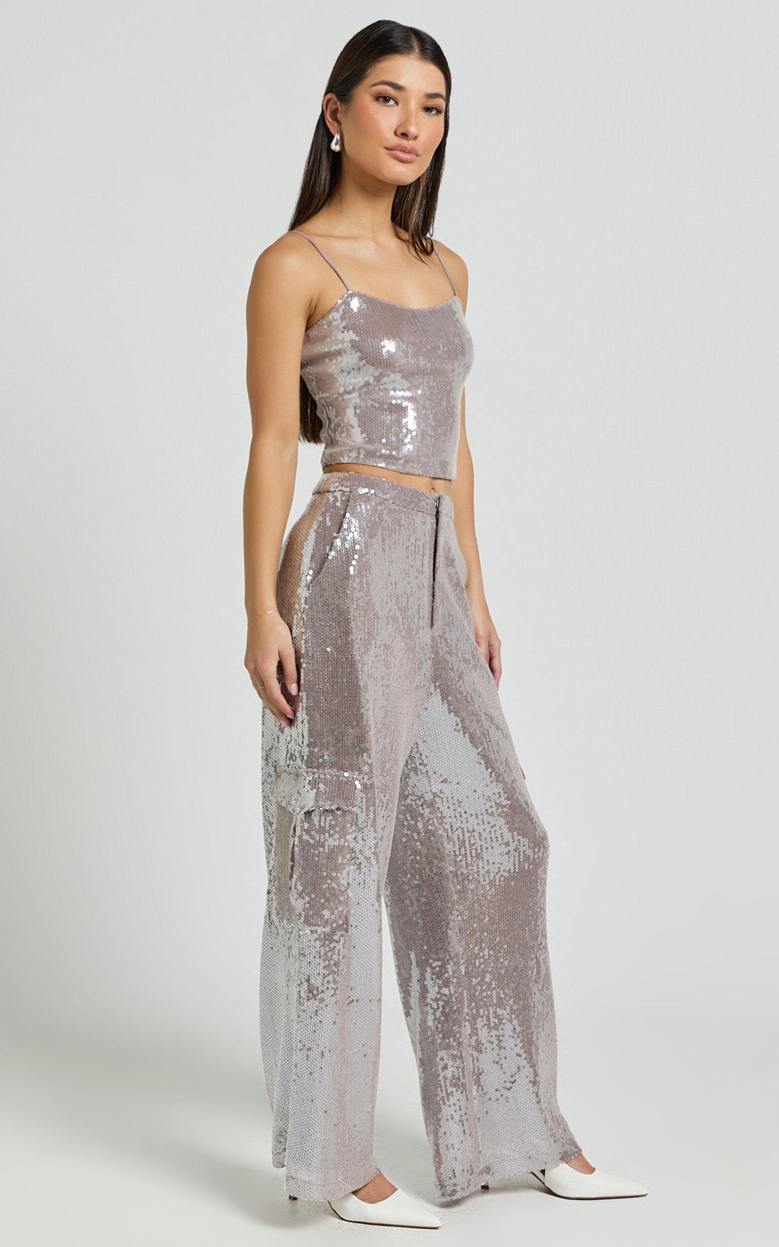 Tricia Pants - Mid Waist Cargo Pocket Sequin Pants in Grey Product Image