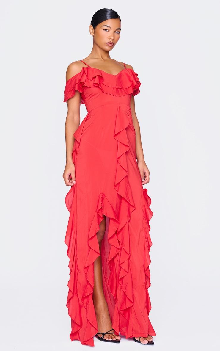 Red Cold Shoulder Ruffle Detail Maxi Dress Product Image