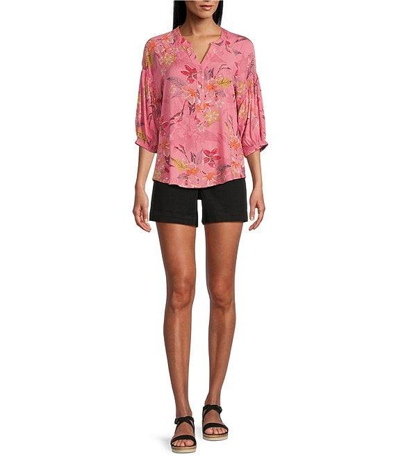 Westbound Floral Woven Elbow Smock Sleeve Henley Blouse Product Image
