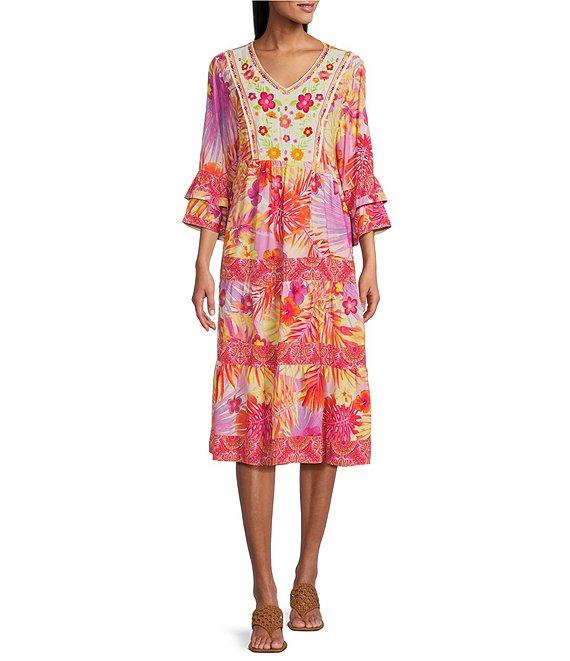 John Mark Tropical Printed V-Neck 3/4 Sleeve Tiered Midi Dress Product Image