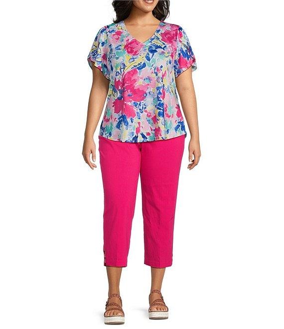 Allison Daley Plus Size Embellished Floral Print Short Tulip Sleeve V-Neck Knit Top Product Image