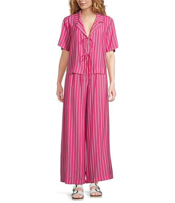 Every Coordinating Striped Knit Notch Collar Short Sleeve Tie Front Top Product Image