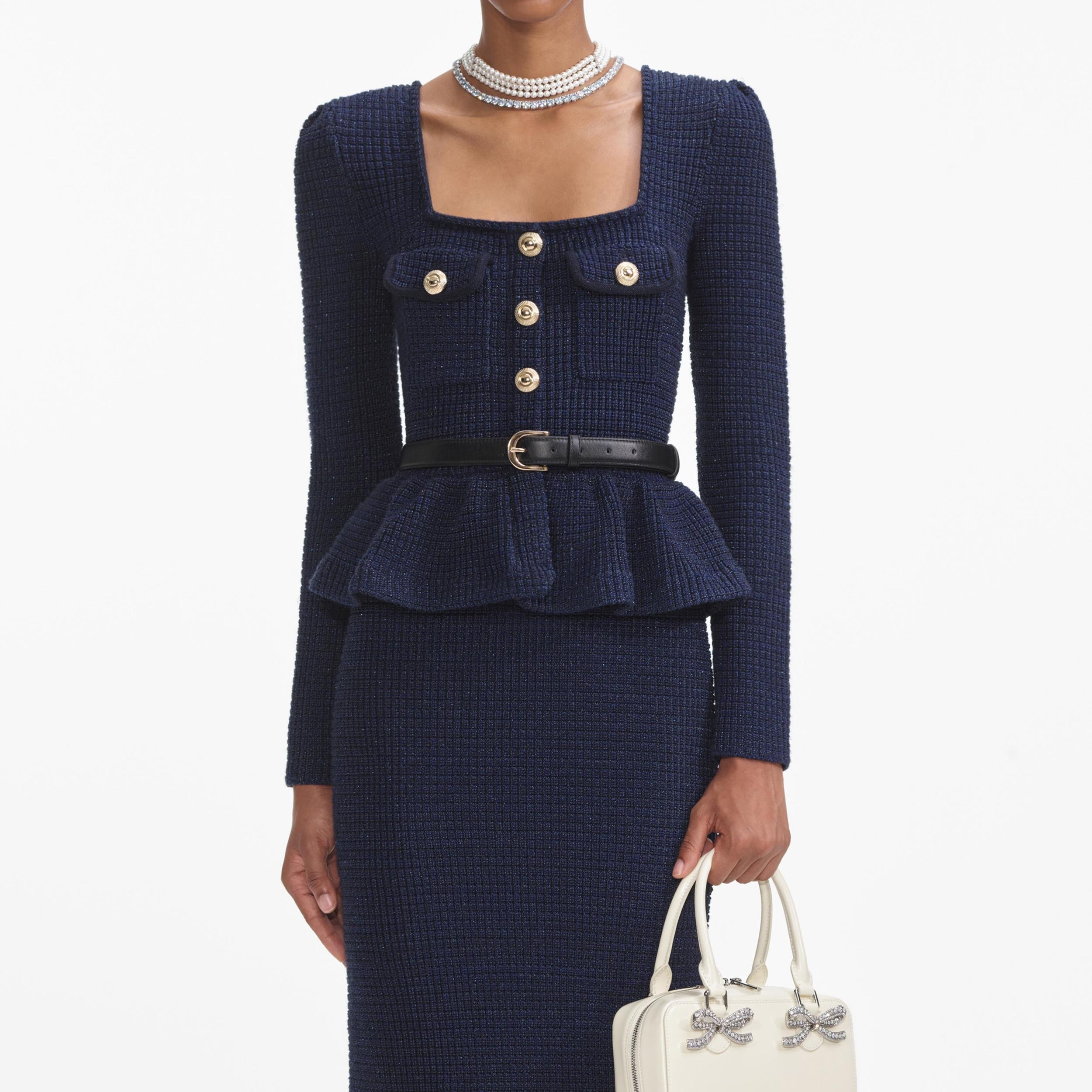 Navy Knit Peplum Midi Dress Product Image