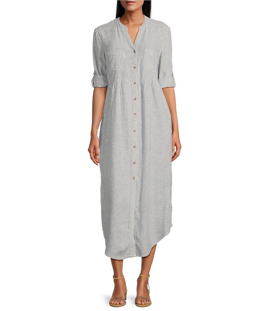 Westbound Stripe 3/4 Rolled Sleeve Y-Neck Button-Front Maxi Shirt Dress Product Image