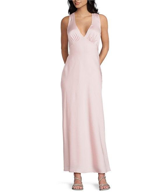 Midnight Doll Satin V-Neck Sleeveless Back Drape Dress Product Image