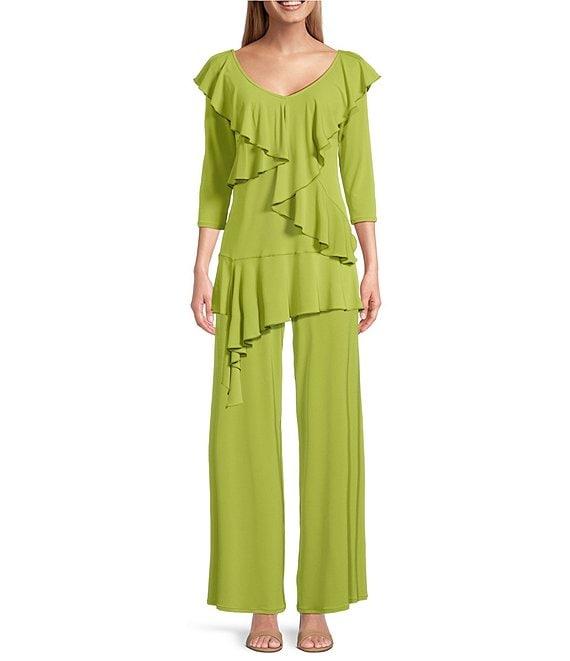 Eva Varro Knit Jersey V-Neck 3/4 Sleeve Asymmetric Ruffled Tunic Product Image