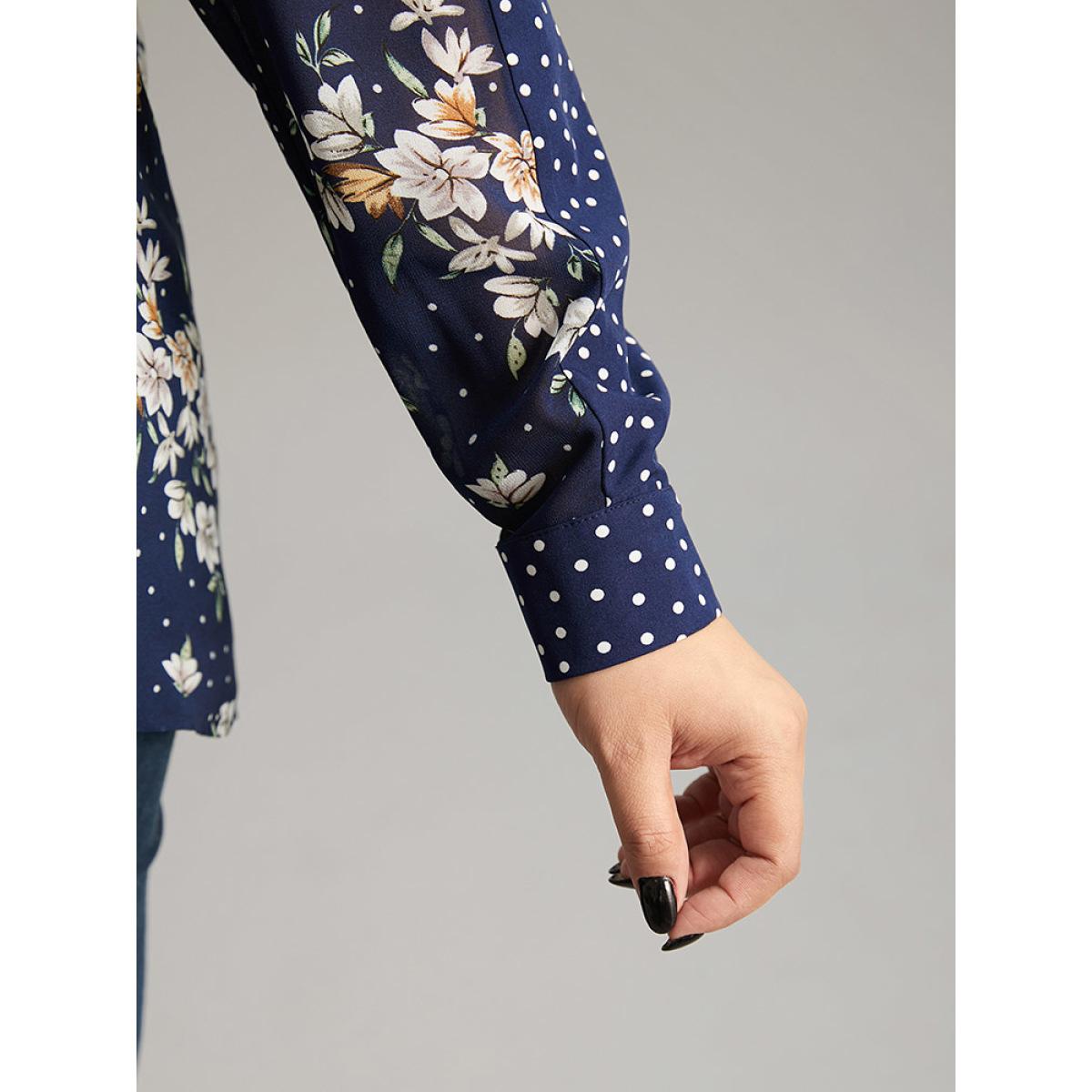 Plus Size DarkBlue Chiffon Floral Polka Dot Patchwork Frill Trim Mesh Blouse Women Elegant Long Sleeve V-neck Dailywear Blouses BloomChic 18-20/2X Product Image
