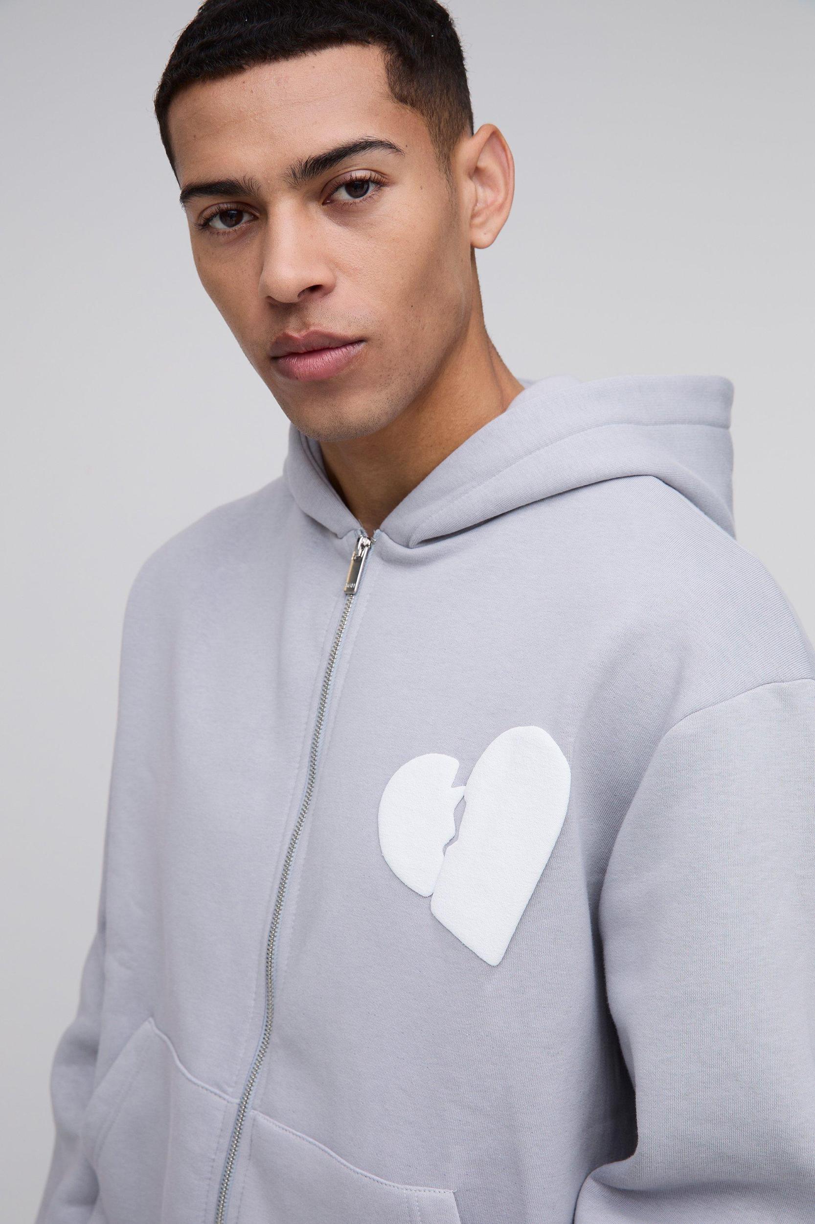 Oversized Boxy Hearts Puff Print Zip Through Hoodie | boohooMAN USA Product Image