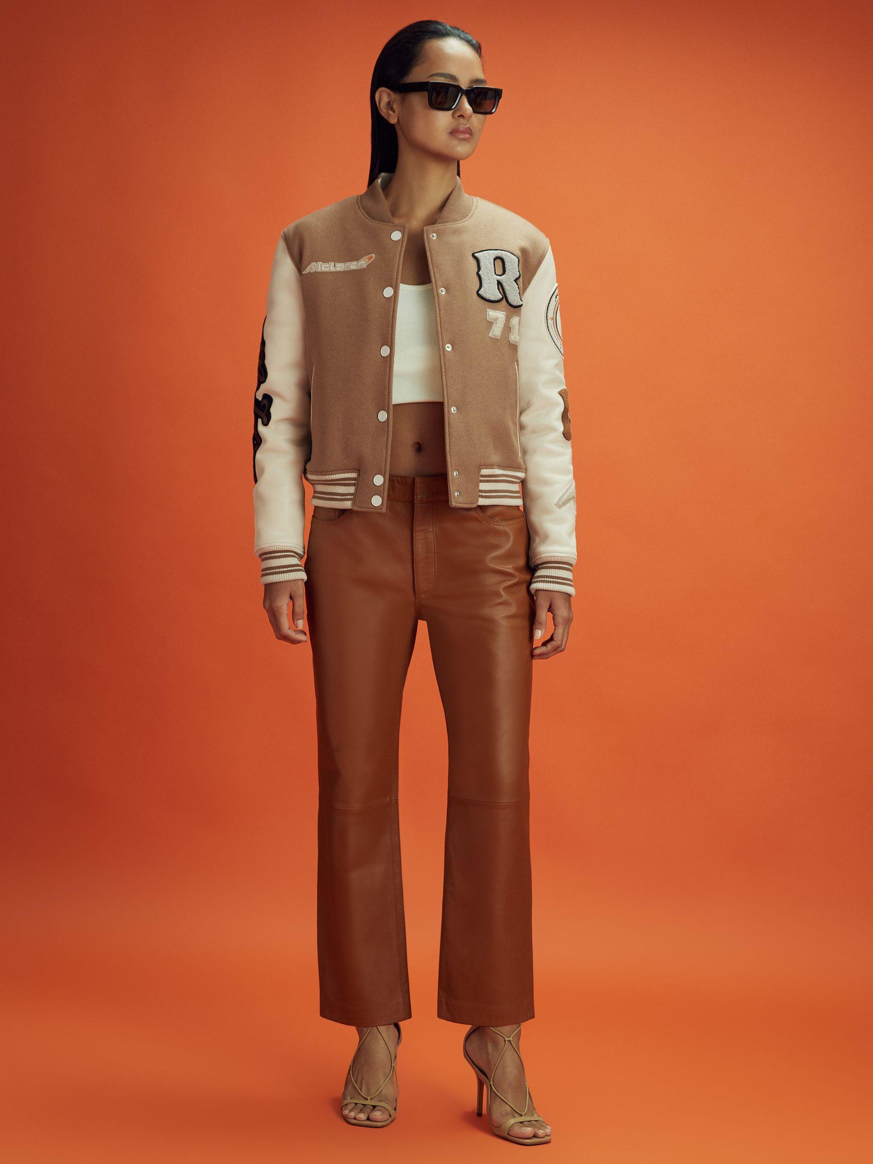 McLaren F1 Leather Varsity Jacket in Camel/Ecru Product Image