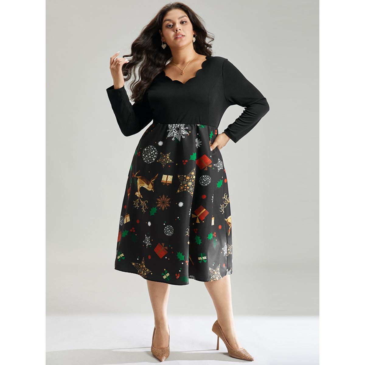 Plus Size Christmas Print Patchwork Scalloped Trim Elastic Waist Dress Black Women Glamour Printed Asymmetrical Neck Long Sleeve Curvy Midi Dress BloomChic 26/4X Product Image