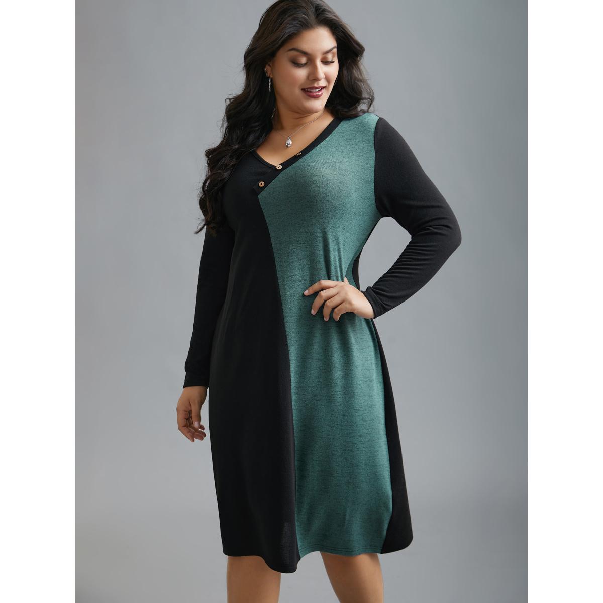Plus Size V Neck Contrast Patchwork Button Detail Dress Black Women Casual Contrast Knit Dresses Bloomchic 12/L Product Image
