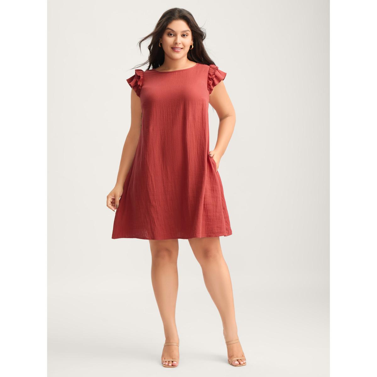 Plus Size Pure Cotton Textured Ruffled Midi Dress Rust Women Playful Round Neck Cap Sleeve Curvy BloomChic 22-24/3X Product Image