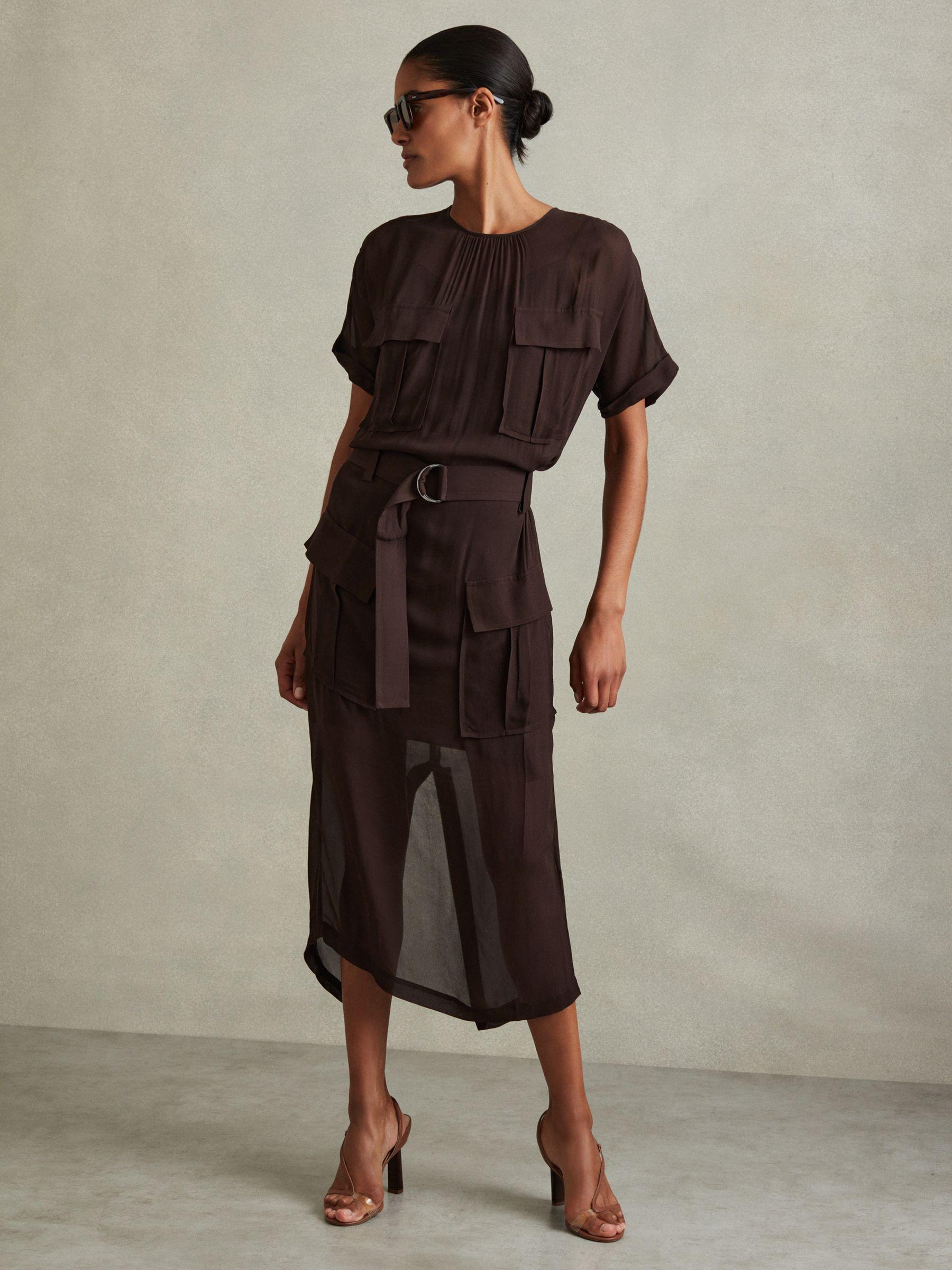 Essie Chocolate Mesh Utility Belted Midi Dress Product Image