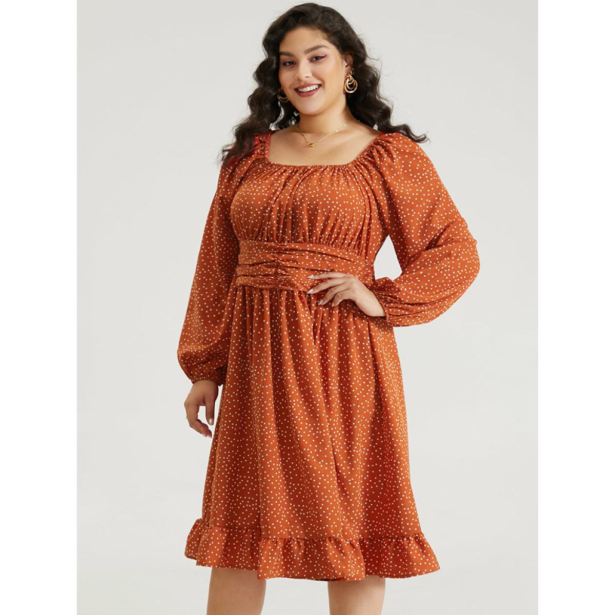 Plus Size Polka Dot Ruched Square Neck Dress Rust Women Elegant Elastic cuffs Square Neck Long Sleeve Curvy Midi Dress BloomChic 12/L Product Image