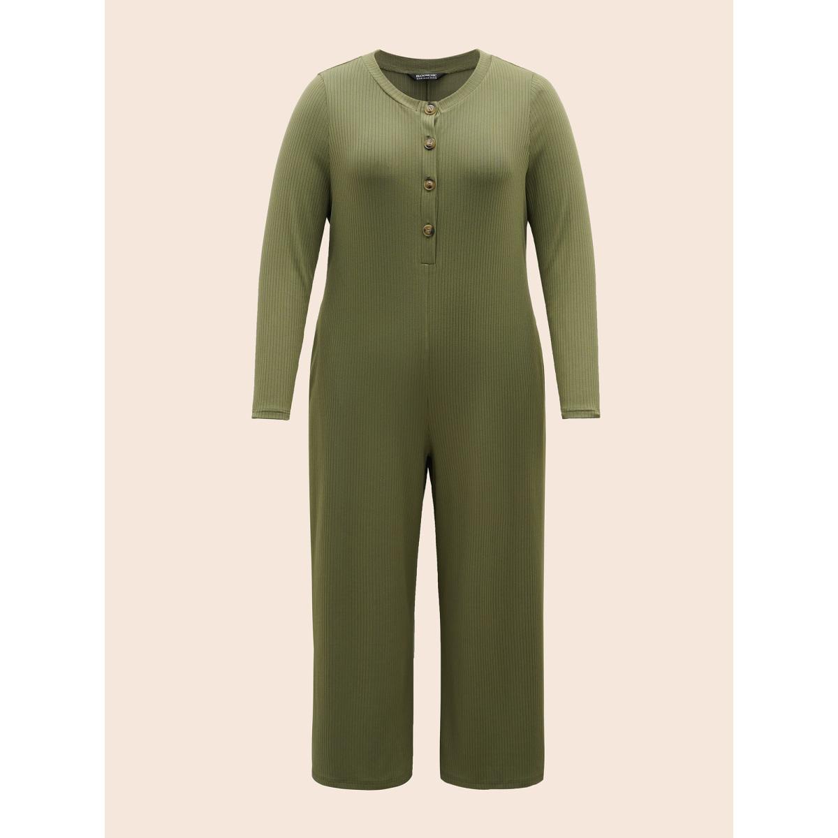 Plus Size ArmyGreen Supersoft Essentials Front Placket Onesie Women Casual Long Sleeve Round Neck Everyday Loose Jumpsuits BloomChic 14-16/1X Product Image